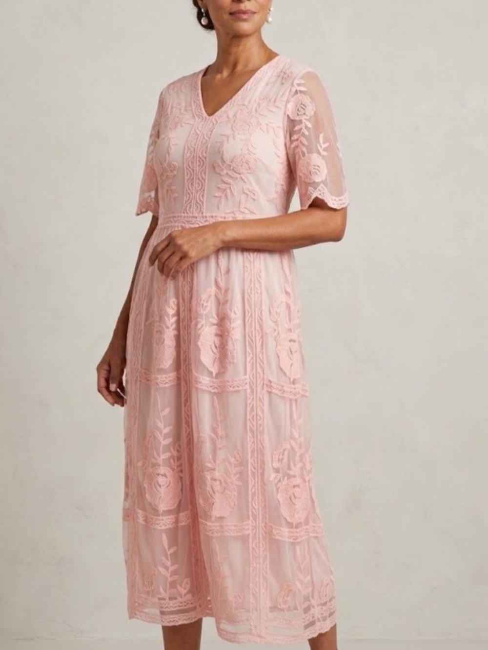 orange creek Blush Pink Embroidered V-Neck Midi Dress